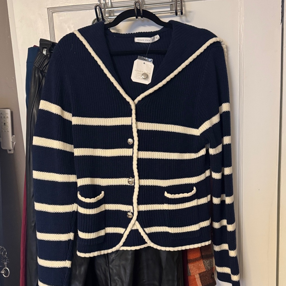 Sandro Navy and Cream Striped Cardigan